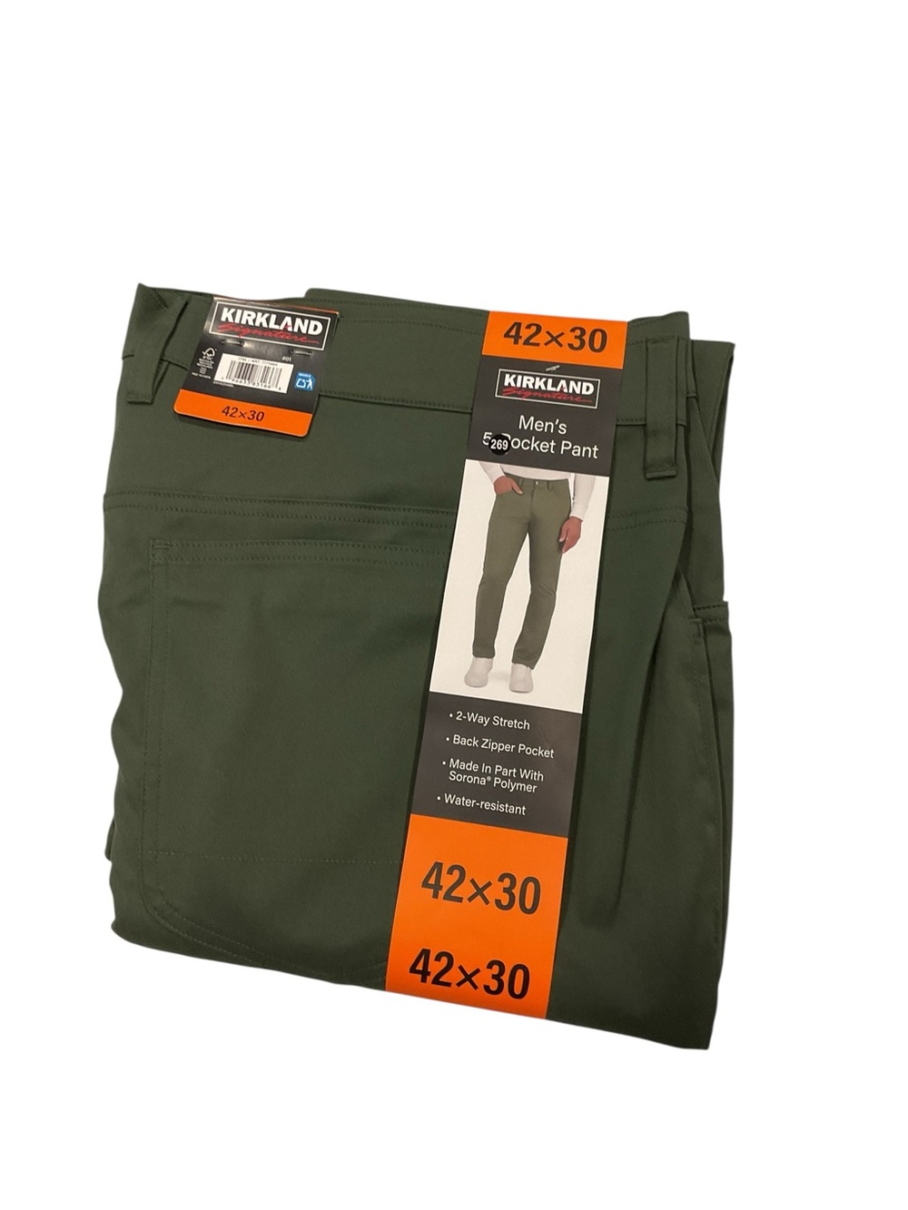 Kirkland Signature Mens 5-Pocket Performance Pant Green 42x30 Water-Resistant